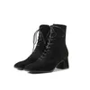 Morazora Varış Moda Ayak Bileği Çizmeler Hakiki Deri Çizmeler Kalın Topuklu Kare Toe Lace Up Bayanlar Ayakkabı Siyah 210506
