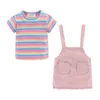 Mudkingdom Summer Toddler Girls Tenues Rainbow Stripe Tee et Chino Jumper Jupe Ensemble pour bébé fille vêtements mignons costume rose 210615