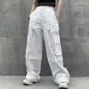 HOUZHOU Mall Goth Blanc Pantalon Cargo Femmes Gothique Harajuku Hippie Streetwear Chaîne Punk Lâche Pantalon Baggy Surdimensionné Style Coréen 211112