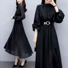 Spring Black Vintage Mode Dames Lange Jurken Lantaarn Mouw Stand Kraag Belted Splakken Jurk Koreaans Elegant Vestidos 210513