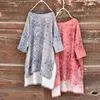 Johnature Mulheres Impressão vintage Floral t - shirts solta verão o-pescoço meia manga ramie roupas fêmea irregular t-shirts 210521