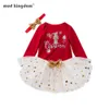 Mudkingdom Christmas Born Baby Girls Kläder uppsättningar Tecknade Toppar Lace Tutu Skirt Headband Outfits 210615