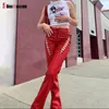 Сексуальные летние красные кожаные клубы брюки прямые брюки Искусственные брюки PU Y2K Высокие талии Брюки женские шикарные пустоты повязку Slim Streetwear Q0801