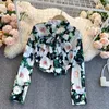 Spring Autumn Blouse Rose Printed Shirt Women Lace-up Bowknot Stand Collar Loose All-match Top Female Blusa UK984 210506