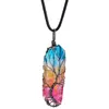 Tree of Life Titanium Coated Rainbow Rock Quartz Chakra Crystal Necklace Copper Wire Wrapped Irregular Rough Healing Pointed Gemstone Pendant Jewelry for Women Men