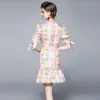 Fashion Girl Floral Dress Puff Sleeve High-end Bow Womens Summer Ruffle Dresses Noble Sexy Lady Printed Dresses