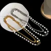 Titanium met 18k gouden faux parel gelaagde slotverklaring Neckalce Stainls stalen sieraden t Show Party Runway Boho Japan Korea3154