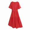 Abito elegante da donna con scollo a V a pois Moda donna Fiocco rosso con fusciacca Dolce femminile Chic con spacco laterale asimmetrico es 210427