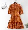 Bohemian laranja cigana cigana floral borla lacing up v-pescoço ruffles córrego cintura vestido de férias mulheres boho vestidos 210429