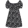 Forse U Donne Donne Daisy Black Flower Stampa Colletto quadrato Manica corta A Line Mini Dress Summer Beach Femmina D2649 210529