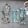 İlkbahar ve Sonbahar Pijama Kadınlar Göğüs Pad Gecelik Kayış İpek Gecelik 4 Adet Set Tops Uzun Kollu Pijama Mujer Sexy Lingerie Q0706