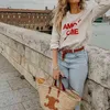 Kobiety Moda Listy Druku Bluza Jesień Panie Z Długim Rękawem O-Neck Letters Jumper Kobieta Casual Slim Pullover Topy 211206