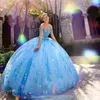 Blue Quinceanera Платья 2022 Кружева Аппликационные Кристалл Бальное платье Vestidos de Quinceañera Милая Сладкое 16 Платье