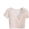 Zomer Frans Retro T-shirt Floral V-hals T-shirt met korte mouwen Slanke afslanken Wild High Taille Womens Top