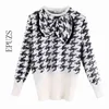 Mode Bow Houndstooth Sweater Kvinnor Stickad Pullover Chic Winter Sequined Korean Womens Sweater 210521