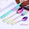 16pcs Shiny Cutlery Sets Wedding Tableware Silverware Travel Set Copper Rosy Forks Knives SpoonsDrop 220314