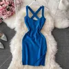 Sexy Col V-Col Spaghetti Strap Knit Baldoyal Robe Femmes Summer Chic Criss-Cross Open Retour Slim Elastic Split Mini Party Mujer 210603