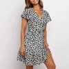 Summer V Neck Floral Print A Line Dress Ruffles Flare Short Sleeve Beach Women Wrap Mini es Robe Ete Femme 210515