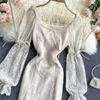 Women Fashion Retro Ins Package Hip Dress Wooden Ear Square Neck Long Sleeve Lace Hollow Crochet Elegant Vestidos R305 210527