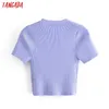 Tangada Korea Chic Women Summer Purple Crop Sweater Short Sleeve Ladies School Style Knitted Jumper Tops SW18 210609