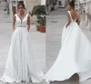 V-neck A-line Sequin Belt White Satin Simple Style Wedding Dress with Pocket Button Down Bridal Gown robe de mariee boheme vestido noiva curto