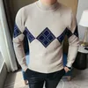 Mens tröja långärmad varma män stickade pullovers diamantgitter vinter casual slim halv turtleneck tröja kläder 210527