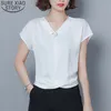 Lato Luźna Krótki Rękaw Szyfonowe Koszule Kobiety V-Neck Plus Size 3XL Office Lady Solid Elegancki Biały Clothesblusas 9051 50 210506