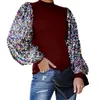 Women's Blouses & Shirts Women 2021 Fashion Autumn Winter Mock Neck Sequins Patchwork Long Puff Sleeve Blouse Shirt Top