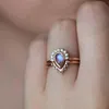 100% 925 Sterling Silver Smycken Pear Cut 5x8mm Rainbow Blue Natural Moonstone Set Engagement Wedding Ring för Kvinnor Present