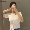 Neploe Sommer Hemd O Hals Kurzarm Solide Gestrickte T-shirt Frauen Koreanische Unregelmäßige Aushöhlen Schlanke Taille Spitze-up mode Tops 210422