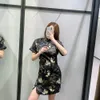 Zevidade estilo chinês nova mulheres vintage manga curta impressa uma linha mini vestido feminino retro festas chiques fivela vestido ds4577 210323