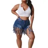 Plus Size Women Denim Shorts Jean Tassel Summer Designer Fashion Street Style Ins Net Red Solid Color Short Jeans L-4XL 720