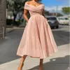 Off Shoulder Tulle Prom Dresses Tea Length Formal Evening Party Gowns with Pockets A Line Ball Gown