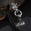 Stainless Steel Wolf Head Charm Genuine Leather Bracelet Men Gift Snap Hook Bangle Jewelry