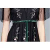 Summer Party Dress Black Mesh Embroidery Long Women Short Sleeve Vintage Elegant Bow Vestidos 210520