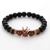 Męska Handmade Biżuteria Elastyczna 8mm Matowy Agata Kamień Bransoletka Tiger Eye Stone Micro Inlay Cyrkon Crown Charm Bransoletka