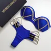 Sexy Bandeau Tanga Bikini Set Push Up Bademode Halter Top für Frauen Blau Gold Prägung Badeanzug Gepolsterte Weibliche Badeanzug x0522