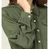 Kvinnor Höst Midi Shirt Klänning Lady Wave ArmyGreen Långärmad Nedgång Krag Casual Loose Holiday Dresses Plus Size Streetwear 210520