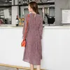 Casual Dresses Sommarklänning Elegant O-Neck Blomstryck Kvinnor Full Sleeve Elastisk Slank Midja Chiffon A-Line Long Vestido