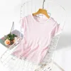 Été glace soie rayé tricoté t-shirt femmes col rond à manches courtes bureau haut pour femme t-shirt CRRIFLZ 210520