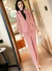 Formal Women Pink Pant Suits Office Ladies Work Wear Apparel Tie Collar Jacket Blazer and Trouser Outfit Winter Fall 2 Piece Set 211007