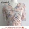 Yitimuceng Boho Floral Print Sukienki dla Kobiet Moda Wysoka Talia Folds Szyfonowa Midi Dress Yellow Pink Sundress Lato 210601