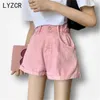 Lyzcr casual denim branco shorts mulheres doces cor preta cintura jeans verão solto largamente perna jean short 210719