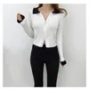 Höst koreanska färgblockade stickade korta cardigans toppar kvinnor zip-up långärmad nedbrytning krage mode damer tröja 210513