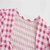 Za Pink Recortada Blusa a cuadros Mujer Manga corta Hollow Out Summer Top Moda Back Smocked Mujer Anudada Gingham Shirt 210602