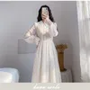 여성 드레스 봄 긴 소매 살구 여성 드레스 칼라 누락 칼라 중공 레이스 드레스 여성 vestido de mujer e433 210602