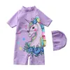 Baby Kinder Kleidung Schwimmen Einteiler Sommer Badeanzug Einhorn Print Strand Bade Bademode mit Hut 14 Stile