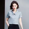 Sommar koreanska mode satin kvinnor skjortor nedbrytning krage kortärmad kontor dam knäppt skjorta plus storlek xxxl rosa toppar 210531