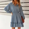 Casual Dresses 2021 Autumn And Winter Long-sleeved Solid Color A-line Skirt Hedging Sexy Dress Product Waist V-neck Lantern Sleeve Fashion