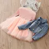 90cm 18M 24M 2 Years Spring Princess Kids Embroidery Denim Jacket +Long Sleeve Lace Dress 2 Pcs Baby Girls Clothing Set 210625